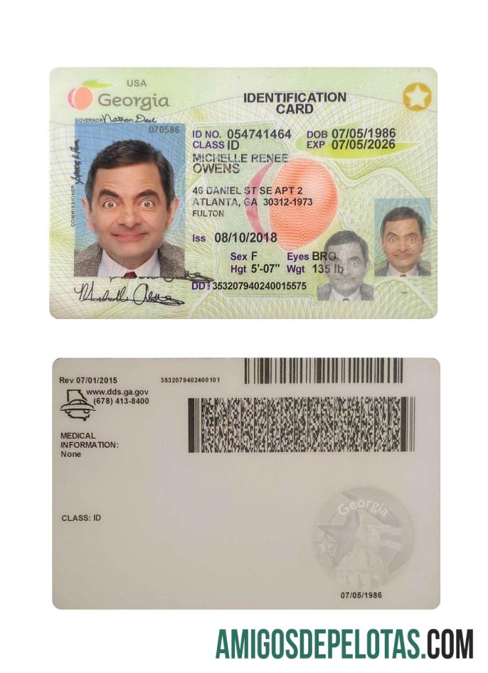 Exemplo de cartão de identificação da Geórgia dos EUA 2018 presente